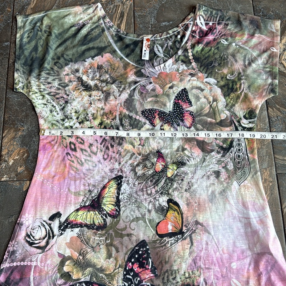 Big Bang Womens Wearable Art Tunic Top XL Butterfly Print Rhinestones Hi Low - Picture 9 of 12